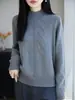 Suéter de Tricô Gola Alta Meia Manga Longa Algodão Puro Novo Outono/Inverno Feminino Cor Sólida Solto Camisa Base Top