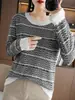 Estilo Tweed Fio de Algodão Cor Contrastante Manga Longa Outono e Inverno Novo Gola Redonda Tricô Feminino Tricô Curto Solto Camisa Base para Mulheres