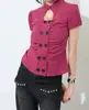 Nueva Camiseta de Verano Ins Sexy Picante para Chica con Aberturas Doble Botonadura Mangas Abullonadas Cortas para Mujer, Top Versátil de Nicho Ajustado para Mujer