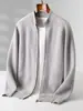 Cárdigan de punto de aire de lana pura para hombre con cremallera, suéter chaqueta de cuello alto medio engrosado, top de punto de cachemira casual para negocios