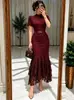 Vestido sereia ajustado estilo retrô europeu e americano 873W, novo design com gola semi-alta, mangas bufantes e detalhes de patchwork de renda na cintura