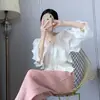 [Personalizada] Elegante Blusa de Gasa de Color Sólido con Cuello en V y Mangas Tres Cuartos para Mujer, con Diseño Fruncido