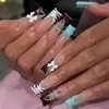 Venta Caliente Transfronteriza Estilo Resort Tubo de Agua Largo Cuentas de Vidrio Cuadradas Uñas Portátiles 3D Uñas Postizas Desmontables 24 Piezas al por Mayor