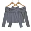 3536-25 Nuevo Estilo de Invierno Americano Sexy Sexy Rayas Puños Botón Un Hombro Manga Larga Camiseta Base T-Shirt