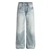 Jeans de ganga azul claro, estilo retro americano, simples, com efeito levemente desgastado e "bigode de gato", corte solto, calças versáteis de perna reta