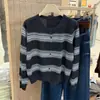 Cardigan Elegante com Listras Coloridas em Tricô Vazado para Mulheres, Gola Redonda, Versátil, Casaco Suéter Emagrecedor, Top Fino de Outono