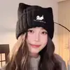 Nuevo Gorro de Punto con Orejas de Gato Bordado Letras Gorro de Lana Tejido Invierno Cálido para Mujer Gorro para el Frío Estilo Dulce de Leche Gorro de Invierno