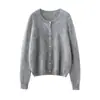 Nuevo Estilo Otoño/Invierno 2026 Cárdigan de Punto 100% Cachemira Cuello Redondo con Botones de Perla, Color Sólido, Suéter de Cachemira Suave Cepillado