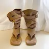Sandalias de Plataforma Plana de Punta Abierta de Moda Estilo Verano 2026, Chanclas, Botines Cortos Holgados de Gamuza Beige