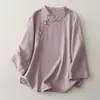 Camisa de Lino de Color Sólido Vintage para Mujer, Estilo Traje Tang, Solapa Oblicua Primavera/Verano, Top Cheongsam Abotonado, Ropa Zen para Té Mejorada para Mujer