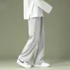 Calça de Trabalho de Seda Gelo Fina para Homens no Verão, Calça Reta Solta de Nove Pontos, Calça Casual Lisa de Barra Larga para Estudantes