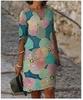 2024 Nuevo Color-block Estampado Patchwork Cuello en V Suelto Bambú Retro Artístico Cuello Redondo Manga Corta Vestido Talla Grande