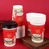 Taza roja desechable estilo chino para avena con tapa, taza engrosada para desayuno de avena y leche de soja, personalizable, tazas de papel al por mayor
