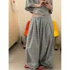 Pantalones de Pierna Ancha a Cuadros Estilo Coreano Retro para Primavera y Otoño para Mujer, Nuevos Pantalones de Pierna Ancha Sueltos con Cintura Elástica Transfronterizos, Pantalones Largos Casuales Versátiles