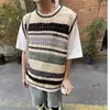 Colete Tricot Listrado Casual de Verão Vazado Sem Mangas Design Solto Colete Tricot de Nicho Top para Homens