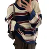 Suéter Rayado Transfronterizo Europeo y Americano de Calle para Mujer, Jersey Informal Retro de Invierno con Bloques de Color y Cuello Redondo, Tejido de Punto Holgado para Estudiantes