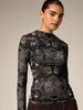Bestseller transfronterizo europeo y americano retro paisley malla manga larga corte ajustado transparente sexy top básico