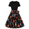 D Halloween transfronterizo fábrica directa nuevo vestido europeo y americano retro para mujer cuello redondo manga corta negro estampado de hechizos