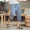 Pantalones cortos de estilo chino para hombre, pantalón informal, fino, de algodón y lino, holgado, con costuras Hanfu, de pierna ancha, para verano