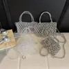 Bolsa de Mão Nova 2025 Feita à Mão com Contas para Mulheres Transparente Metálica Design de Nicho Bolsa Transversal Estilo Ins Bolsa de Festa