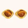 Pendientes Cruzados Transfronterizos Europeos y Americanos de Piedra Ojo de Tigre Marrón Acero Inoxidable Chapado en Oro de 18K Moda Elegantes de Alta Gama Pendientes Franceses