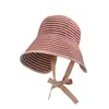 Sombrero de Correa Rayada para Mujer Verano Ala Ancha Protección Solar Plegable Hace que la Cara se Vea Más Pequeña Sombrero de Cubo Circunferencia de Cabeza Grande Sombrero para el Sol