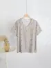 Camiseta de Manga Corta con Cuello en V y Estampado Floral de Algodón y Seda, Nueva de Verano 2025, Suelta Casual para Casa