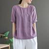 LiTerário Retrô Flor Bordado Algodão e Linho Gola Redonda Manga Curta Camiseta para Mulheres Verão Novo Tamanho Grande Solto Versátil Top para Mulheres