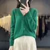Cárdigan de punto sin costuras de una pieza para otoño e invierno, cuello en V, 100% lana tejida, color liso, chaqueta superior de estilo coreano simple para mujer