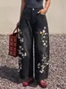 Calça jeans larga exclusiva com bordado floral transfronteiriço para mulheres, calça de cintura alta com corte faca curva, calça comprida feminina
