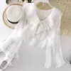 Camisa Superior de Manga de Trompeta de Hada Super Encaje Fruncido con Cordones Corta Protectora del Sol Verano Nueva Llegada Falda Llevando Chal Pequeño Mujer
