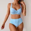 Roupa de Banho Feminina Nova Dividida Transfronteiriça Sexy Cor Sólida Bikini de Cintura Alta Férias na Praia Roupa de Banho de Comércio Exterior Europeia e Americana Feminina