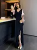 Vestido largo ajustado que realza la figura, con escote en V Bardot, ribete de volantes y abertura, elegante vestido de noche para mujer, estilo verano