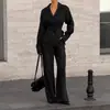 Conjunto de Dos Piezas para Mujer con Diseño Estilo Francés, Cintura Ajustable con Lazo, Mangas Largas y Pantalones Largos, Top Camisa Negra de Alta Gama y Pantalones Largos