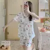 Varios EstilosNuevo Conjunto de Pijama de Verano para Mujer con Cuello de Solapa, Cárdigan de Manga Corta, Pantalones Cortos, Seda de Leche, Dibujos Animados Lindos, Ropa de Casa