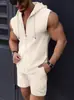 Fábrica de Origem Aliexpress Verão Masculino Jacquard Cor Sólida Listrado Zíper Sem Mangas Com Capuz Conjunto Modelo Novo Transfronteiriço