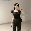 Talla Actualizada Blusa Cuadrada Chic Coreana Estilo Francés con Lazo en la Cintura Camisa de Botones Mangas Abullonadas para Mujer
