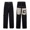 Jeans de perna larga estilo americano desconstruído, patchwork de jeans preto cru com estampa de leopardo, calça cargo curva nicho hiphop