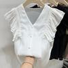 Camisa de Encaje Chifón para Mujer Manga Corta Volante Cuello Francés con Volantes Cuello Top sin Mangas para Mujer