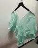 [Personalizada] Elegante Blusa de Gasa de Color Sólido con Cuello en V y Mangas Tres Cuartos para Mujer, con Diseño Fruncido