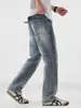 Roupas Masculinas Fengshe / 2026 Primavera e Outono Novos Jeans de Sarja Lavada Retrô Americano Masculino com Stretch Soltos Retos Calças Longas
