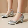 Sapatos de Salto Alto Espessos com Cabeça Redonda de Lantejoulas Amazon Comércio Exterior Costura Elegante Sapatos de Boca Rasa 3243 Sapatos Tamanho Grande Sapatos Mulheres