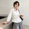 Camisa Bordada da Moda com Manga Três Quartos para Mulheres, Novo Estilo Outono, Chique, Slim Fit, Versátil, Top Curto para Mulheres Baixas