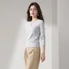 Camiseta Básica de Manga Larga Corta con Cuello Redondo Yizhi para Mujer, Otoño 2026, Corte Ajustado, Adelgazante, Color Sólido, Top Básico para Capas