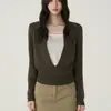 Suéter de punto estilo minimalista con cuello camisero, efecto dos piezas, manga larga para mujer, nuevo otoño 2026, top verde coreano versátil ajustado