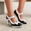 Sapatos Femininos de Comércio Exterior Couro Patente Cor Doce Salto Grosso Salto Alto Tira com Fivela Sapatos Femininos Laço Doce Princesa Sapatos Femininos