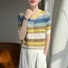 Camiseta de cuello redondo a rayas arcoíris de Lyocell con una sensación fresca, transpirable y texturizada, versátil y elegante para ir al trabajo, prenda exterior para mujer