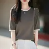 Nuevo estilo de verano, conjunto de dos piezas, top de punto de manga corta color block para mujer, corte relajado, cuello redondo, fino, manga media, top de Tencel
