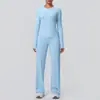 Conjunto de Roupa Casual para Yoga ao Ar Livre com Efeito Nuvem, Camiseta Manga Longa, Calça Reta de Cintura Alta com Pernas Largas, Conjunto para Esportes, Corrida, Fitness