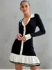 Origem Transfronteiriça Amazon Europeu e Americano Feminino Saia Tricô Franzida Dupla Camada Fivela Pérola Gola Chanel vestido